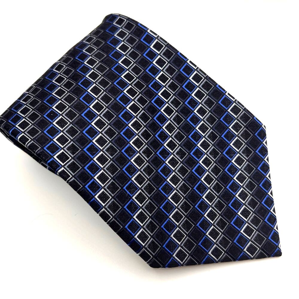 Roberto Villini - Men's Tie -Silk Foulard Geometric Necktie -Black Blue 60" Long